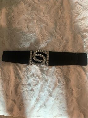 New Bebe Black Elastic Waist Belt with Crystal Interlocking Buckle